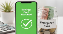 A professional flat-lay of a piggy bank, a smartphone with a savings app, and a small stack of emergency cash on a wooden desk.