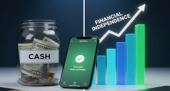 A visual representation of an emergency fund strategy showing a balance between cash in a jar and a growing digital investment portfolio on a smartphone.