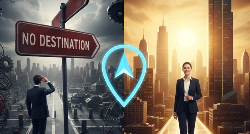 A professional man looking at a digital GPS map toward a golden destination, representing Millionaire Success Habits.