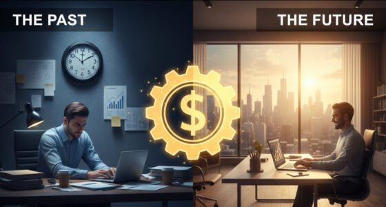 A split-screen visual showing a cluttered, dark room on one side and a bright, modern glass office overlooking a city on the other, representing wealthy people habits.