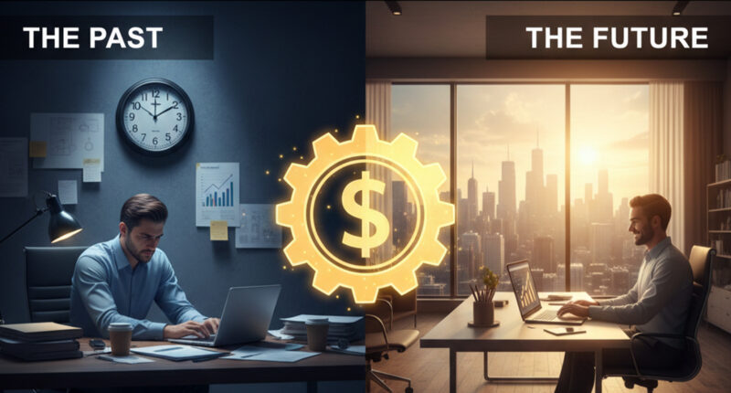 A split-screen visual showing a cluttered, dark room on one side and a bright, modern glass office overlooking a city on the other, representing wealthy people habits.