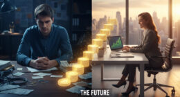 A professional person organizing gold coins into stacks representing habit stacking for financial growth.