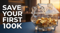 A 3D render of a glass piggy bank being filled with golden Lego-style blocks, symbolizing building a 100k savings goal.