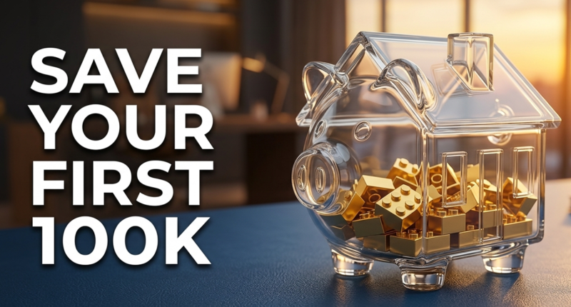 A 3D render of a glass piggy bank being filled with golden Lego-style blocks, symbolizing building a 100k savings goal.