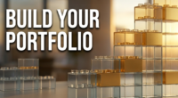 A 3D render of gold and glass Lego-style building blocks forming a rising bar graph on a dark blue background.