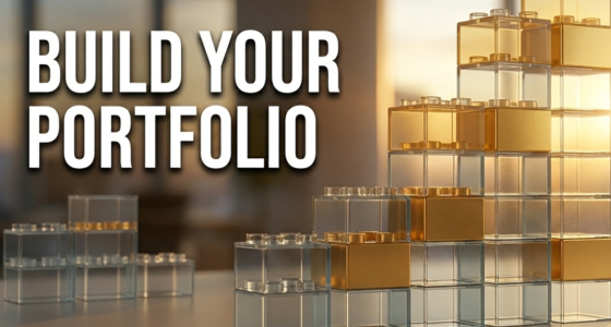 A 3D render of gold and glass Lego-style building blocks forming a rising bar graph on a dark blue background.