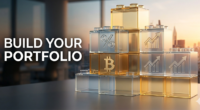 A professional 3D render of stacked gold coins and Lego blocks representing a diverse investment portfolio strategy.