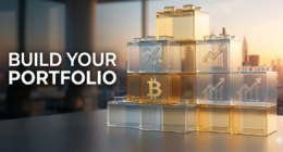 A professional 3D render of stacked gold coins and Lego blocks representing a diverse investment portfolio strategy.