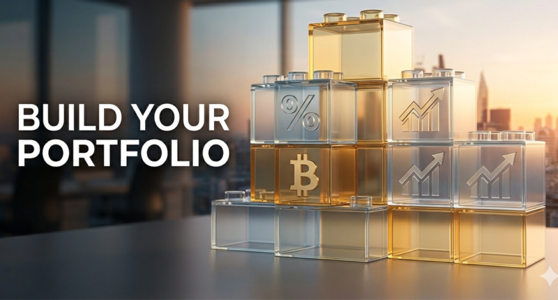 A professional 3D render of stacked gold coins and Lego blocks representing a diverse investment portfolio strategy.