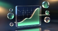 Abstract 3D data visualization: a glowing green curve on a transparent chart panel with a grid and floating spheres.