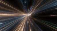 Long-exposure abstract image of multicolored light trails streaking toward a bright center, creating a warp-speed effect in darkness.