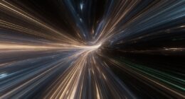 Long-exposure abstract image of multicolored light trails streaking toward a bright center, creating a warp-speed effect in darkness.