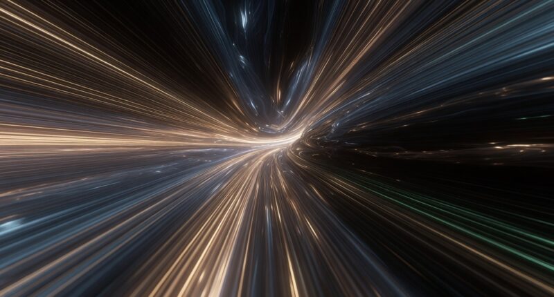Long-exposure abstract image of multicolored light trails streaking toward a bright center, creating a warp-speed effect in darkness.