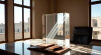 Sunlit office with a marble desk, an open notebook and pen, and a clear glass centerpiece beside a black leather chair near large windows.