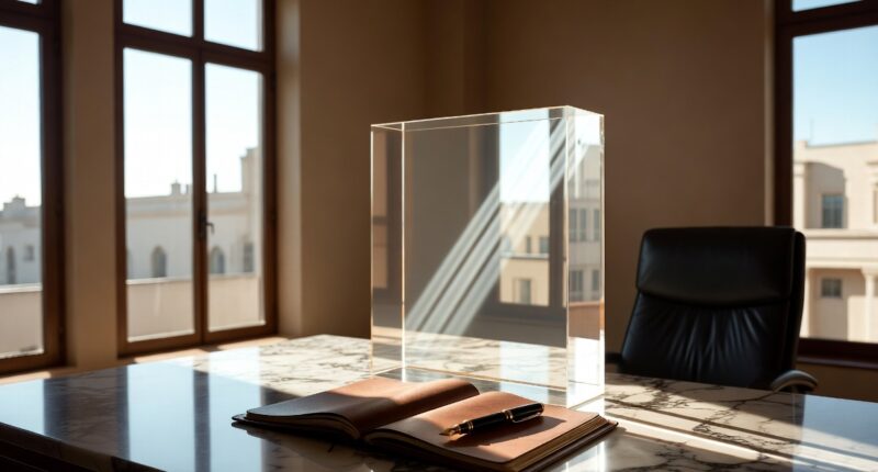 Sunlit office with a marble desk, an open notebook and pen, and a clear glass centerpiece beside a black leather chair near large windows.