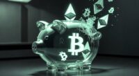 Glass piggy bank with a glowing Bitcoin symbol; Ethereum icons rise from it, representing crypto savings.