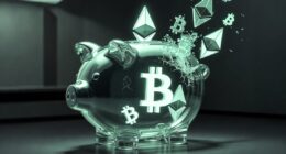 Glass piggy bank with a glowing Bitcoin symbol; Ethereum icons rise from it, representing crypto savings.