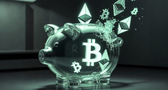 Glass piggy bank with a glowing Bitcoin symbol; Ethereum icons rise from it, representing crypto savings.