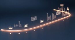 Futuristic data visualization: a glowing curved line with floating chart icons along its path on a dark blue background