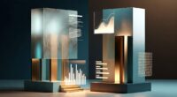 Abstract data-visualization sculpture with glass panels, glowing bar charts and line graphs on geometric blocks.