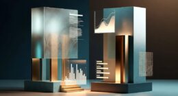 Abstract data-visualization sculpture with glass panels, glowing bar charts and line graphs on geometric blocks.