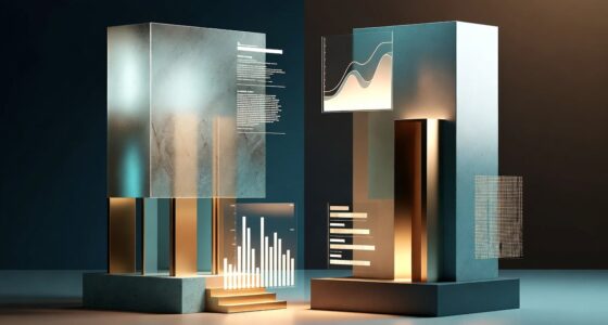 Abstract data-visualization sculpture with glass panels, glowing bar charts and line graphs on geometric blocks.