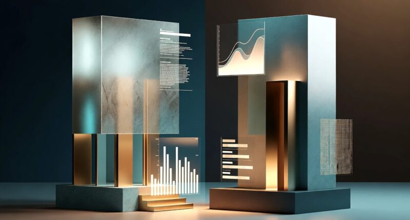 Abstract data-visualization sculpture with glass panels, glowing bar charts and line graphs on geometric blocks.