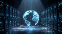 Blue holographic globe with interconnected lines floating between rows of server racks in a data center.