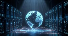 Blue holographic globe with interconnected lines floating between rows of server racks in a data center.