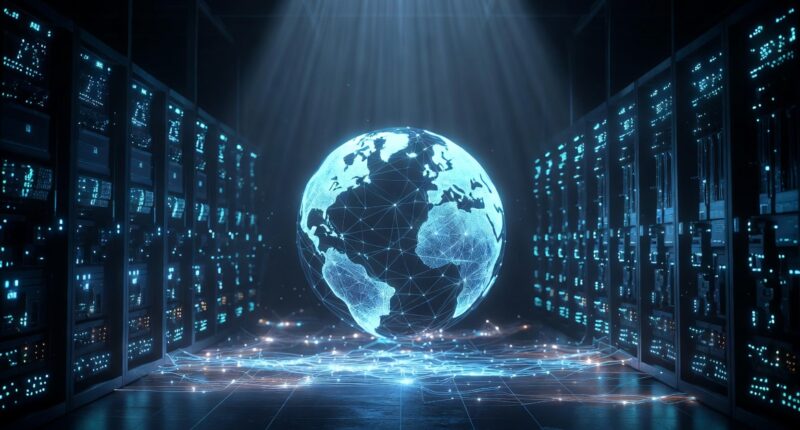 Blue holographic globe with interconnected lines floating between rows of server racks in a data center.