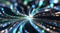 Abstract fiber-optic lines radiate from a bright central point, glowing in blue, green, and gold hues against a dark background.