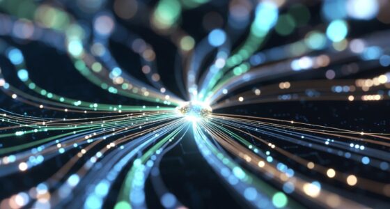 Abstract fiber-optic lines radiate from a bright central point, glowing in blue, green, and gold hues against a dark background.