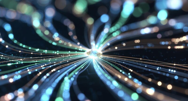 Abstract fiber-optic lines radiate from a bright central point, glowing in blue, green, and gold hues against a dark background.