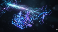 3D ribbon diagram of a blue-to-purple protein with a stream of digital data behind it, in a dark, tech-inspired background