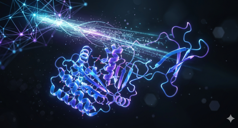 3D ribbon diagram of a blue-to-purple protein with a stream of digital data behind it, in a dark, tech-inspired background
