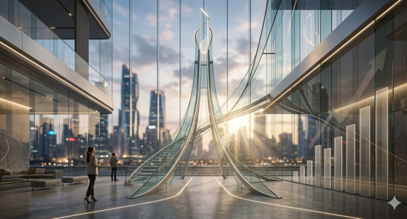 Futuristic glass atrium with a spiraling sculpture, sunrise light, and city skyline; a woman with a tablet stands nearby.