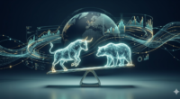 Holographic bull and bear balancing on a scale, symbolizing market trends amid floating data charts and a globe in the background.
