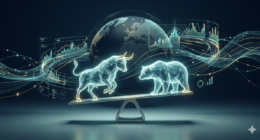 Holographic bull and bear balancing on a scale, symbolizing market trends amid floating data charts and a globe in the background.