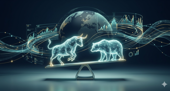 Holographic bull and bear balancing on a scale, symbolizing market trends amid floating data charts and a globe in the background.