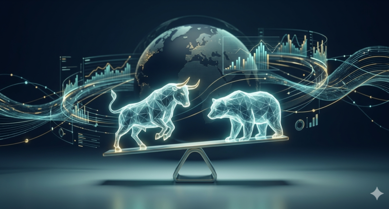 Holographic bull and bear balancing on a scale, symbolizing market trends amid floating data charts and a globe in the background.