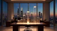 Modern office at dusk with a table displaying illuminated glass architectural models and a city skyline outside the windows or dusk-lit skyline.