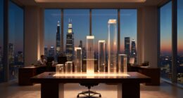 Modern office at dusk with a table displaying illuminated glass architectural models and a city skyline outside the windows or dusk-lit skyline.