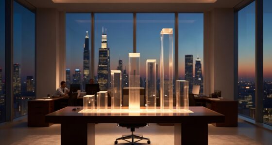 Modern office at dusk with a table displaying illuminated glass architectural models and a city skyline outside the windows or dusk-lit skyline.