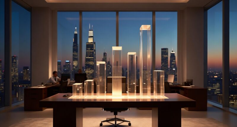 Modern office at dusk with a table displaying illuminated glass architectural models and a city skyline outside the windows or dusk-lit skyline.