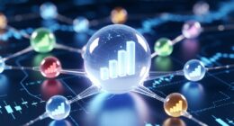 Glass globe with a rising bar chart, connected to colorful spheres in a data-network scene.