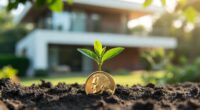 Young plant sprouting from a coin buried in dark soil, with a modern house softly blurred in the background.