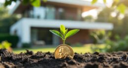Young plant sprouting from a coin buried in dark soil, with a modern house softly blurred in the background.
