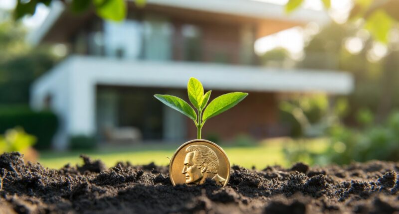 Young plant sprouting from a coin buried in dark soil, with a modern house softly blurred in the background.