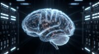 Glowing digital brain hologram suspended in a dark data center, symbolizing AI and neural networks.