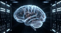 Glowing digital brain hologram suspended in a dark data center, symbolizing AI and neural networks.